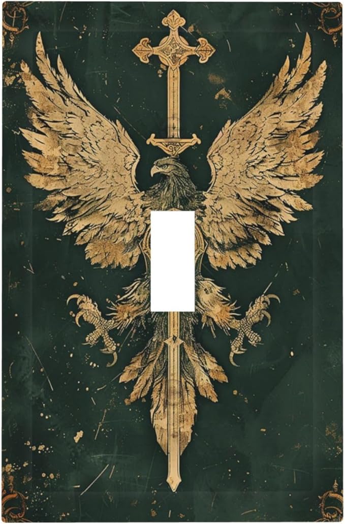 Medieval Retro Golden Eagle Totem Decorative Light Switch Cover 1 Gang Single Toggle Device Electrical Faceplate Switchplates Decorator Outlet Wall Plate for Bedroom Living Room Decor