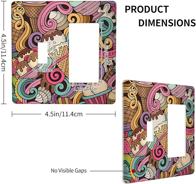 Cartoon Hand Drawn Ice Cream Doodles Colorful Print Outlet Covers 1 Toggle 1 Rocker Combination Decorative Wall Plate Electrical Switch Plates Light Switch Cover Plate for Kids Room Nursery Decor