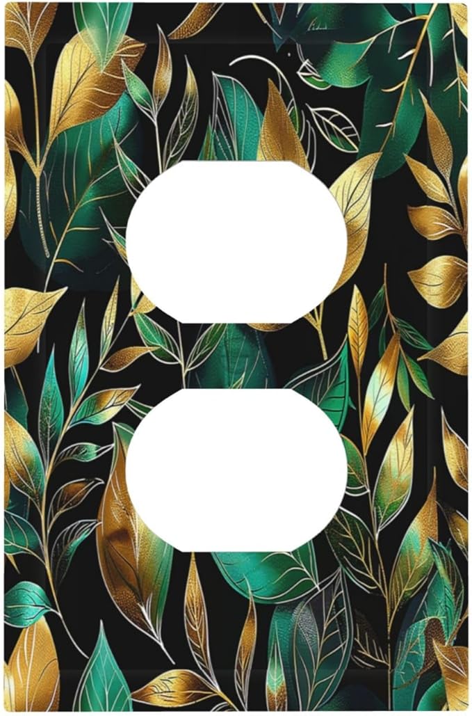 Outlet Covers Vintage Dark Green Vine Leaf Golden Plants 1 Gang Duplex Light Switch Cover Decorative Switch Plates Electrical Receptacle Faceplate Wall Plate for Bed Room Cabin Decor