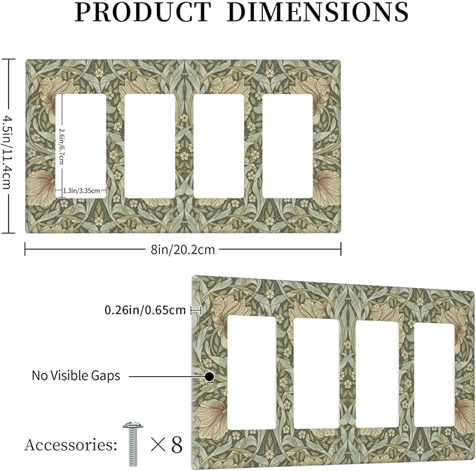 William Morris Pimpernel Flowers 4 Gang Light Switch Cover Vintage Floral Green Botanical Quad Rocker Switchplates Wall Plate Decorative Electrical Faceplate for Country Bedroom Kitchen Décor