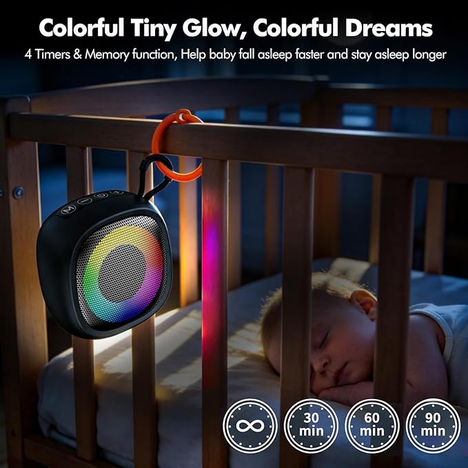 Portable Sound Machine with Color Light, White Noise Machine for Baby, 25 Soothing Sounds, Loud Speaker 28 Levels of Volume, Memory Function, Timer, Flexible Clip, Sleep Sound Therapy for Kids, Adults
