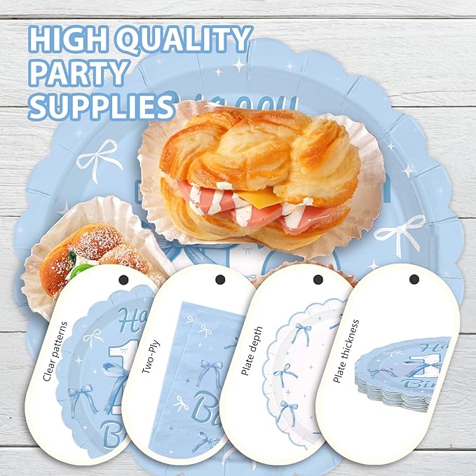 96Pcs Blue Bow 16th Birthday Party Supplies Blue White Birthday Scalloped Plates and Napkins Bow Themed Tableware Set for 16 Years Old Girls Bachelorette Party Decorations Serves 24