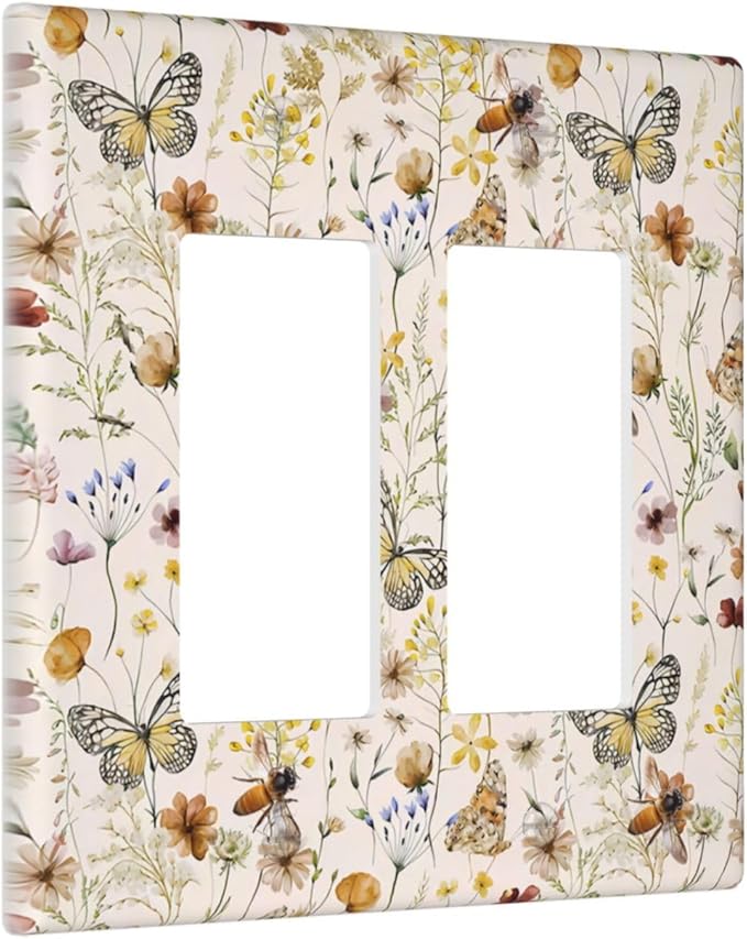 Vintage Butterflies Double Rocker Wall Plates Colorful Wildflower 2 Gang Light Switch Cover Decorative Cute Bees GFCI Electrical Switchplate Beige Flower Leaves Dimmer Decor for Bedroom Kidroom