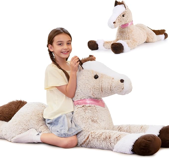 Tezituor 59inches Oversize Horse Stuffed Animal, Riding 5ft Giant Stuffed Piny Farm Plush Toy for Kids, Hugging Lifesize Soft Horse Plush Body Pillow Party Decor for Adult