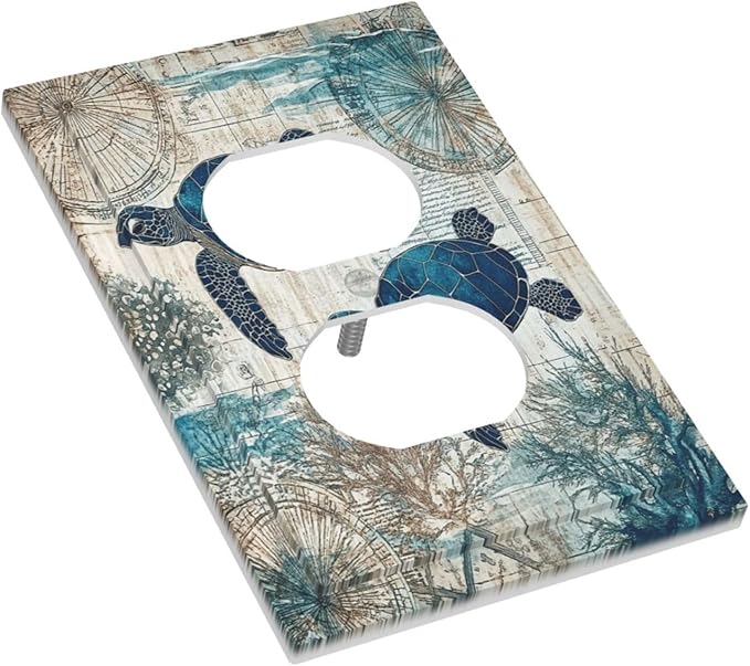 Blue Green Sea Turtle Tropical Ocean Coral Nautical Map Outlet Covers 1 Gang Duplex Light Switch Cover Decorative Switch Plates Electrical Receptacle Faceplate Wall Plate For Bed Room Bathroom Decor