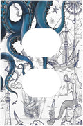 Nautical Vintage Map Octopus Mermaid Lighthouse Boat Outlet Covers 1 Gang Duplex Light Switch Cover Decorative Switch Plates Electrical Receptacle Faceplate Wall Plate for Bathroom Kids Room Decor
