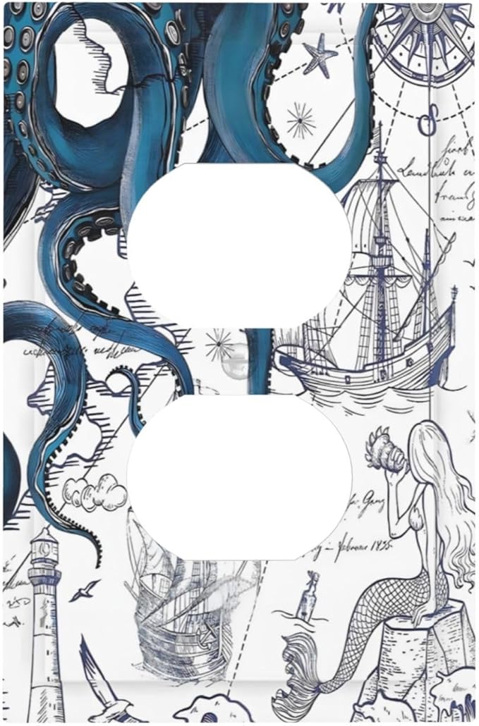 Nautical Vintage Map Octopus Mermaid Lighthouse Boat Outlet Covers 1 Gang Duplex Light Switch Cover Decorative Switch Plates Electrical Receptacle Faceplate Wall Plate for Bathroom Kids Room Decor