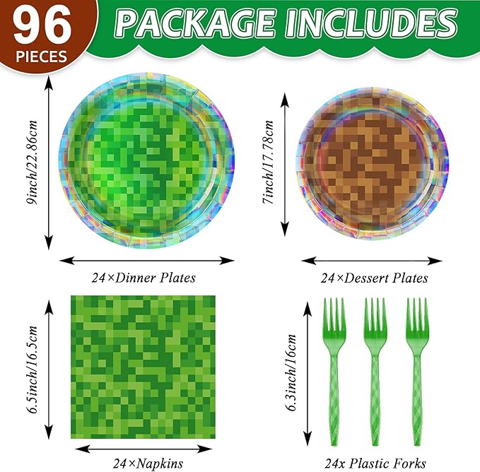 96 Pcs Iridescent Pixel Birthday Party Plates and Napkins Pixel Party Decorations Mining Theme Supplies Gamer Paper Dessert Plates Mining Video Game Tableware Set for Kids Baby Shower 24 Guests