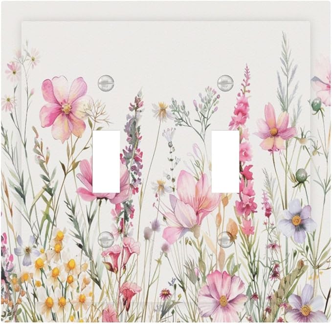 Pink Floral Wild Flowers Watercolor Plants Decorative Switch Plates 2 Gang Double Toggle Outlet Light Switch Cover Wall Plate Electrical Faceplate for Bedroom Living Room Decor