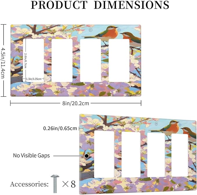 Bird Flower Quad Rocker Wall Plate Decorative 4 Gang Light Switch Covers Electrical Switchplate Home Decorate Faceplat for Bathroom Bedroom Kitchen Room 4.5 x 8 Inch
