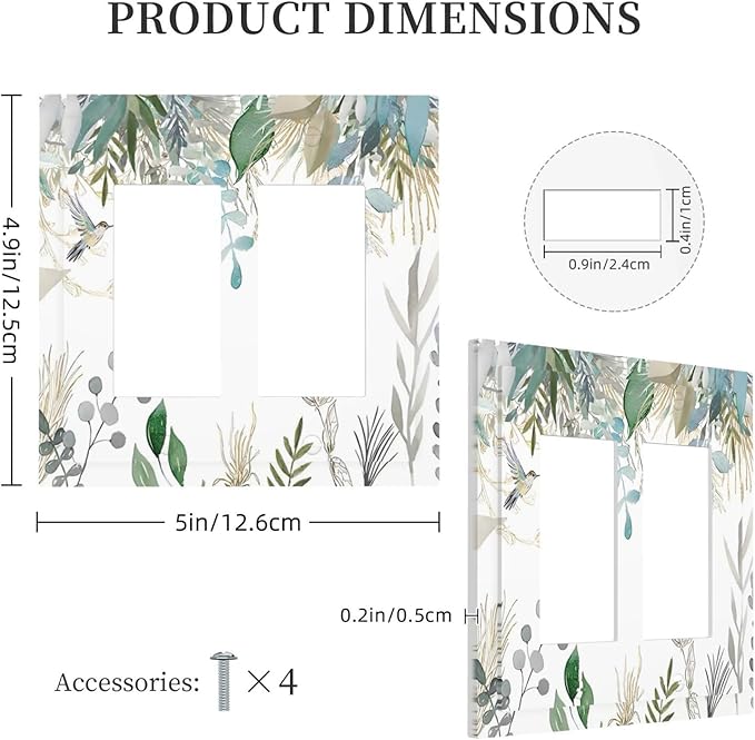 Green Tropical Palm Leaves Flower Plants Hummingbird Decorative Outlet Covers 2 Gang Double GFCI Rocker Electrical Wall Panels Light Switch Cover Plate for Bed Room Living Room Decor