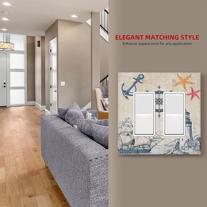 Nautical Sailboat Beach Anchor Pirate Beacon Ocean 2 Gang Rocker Decora Light Switch Covers Decorative Outlet Covers Wall Plate Electrical Faceplate Switchplate GFCI for Farmhouse Bedroom Decor
