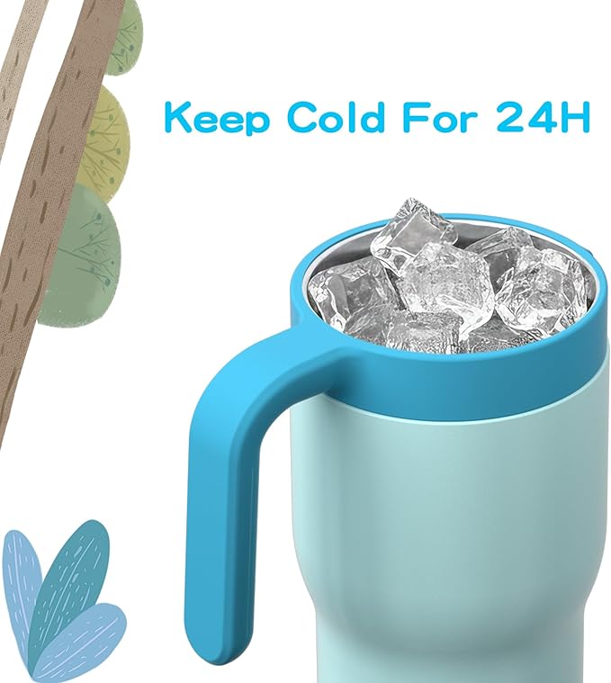 OISIZ 14oz Kids Tumbler with Straw Lid & Handle,Kids Cup with Animal Accessory for School,Kids Water Bottles with Dust-proof Cover,Leakproof Bottles,316 Stainless Steel,Keep Cold 24 Hours-sky blue