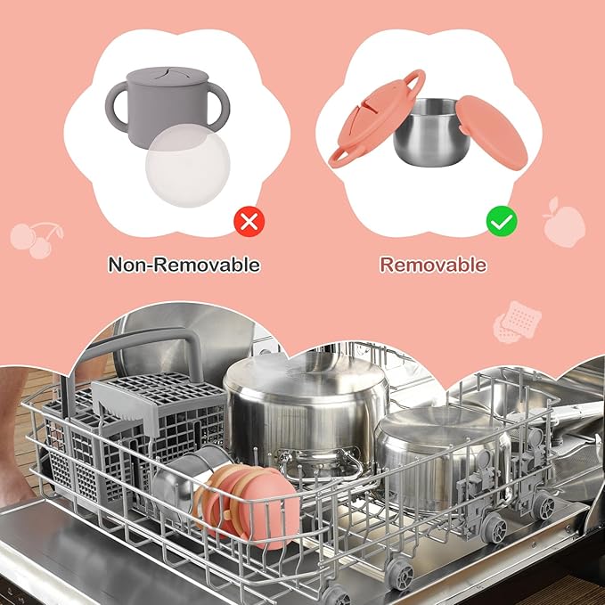 Daximo 2 Pack Snack Cups for Toddlers Spill Proof - Detachable Stainless Steel Toddler Snack Cups with Silicone Lids & Handles - Dishwasher Safe Baby Snack Containers (Orange and Yellow)