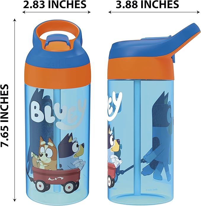 Zak Designs 17.5 oz Riverside Bluey Kids Water Bottle with Straw and Built in Carrying Loop Made of Durable Plastic, Leak-Proof Design for Travel, 2PK Set