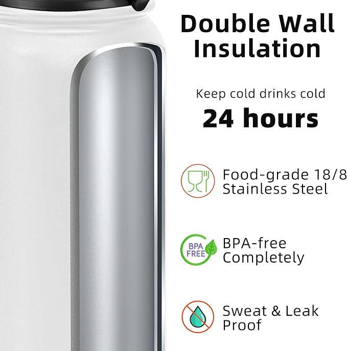 Fanhaw 32 oz Insulated Stainless Steel Water Bottle with Straw Lid, Leakproof Sports Bottle for Men, Women & Teens (White)