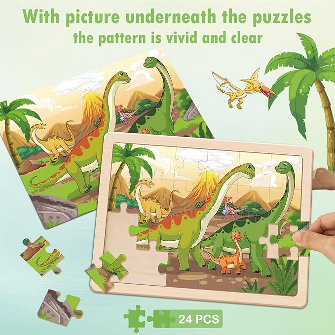 Puzzles for Kids Ages 4-6, Dinosaur Wooden Puzzles, 4 Packs 24 Pieces Puzzles for Kids Ages 3-5, Preschool Educational Toys Gifts for Boys and Girls