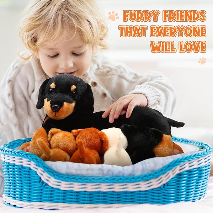 Honoson Nurturing Dog Mommy Plush Set with 4 Baby Puppies Soft Cute Dog Themed Stuffed Plush Toys for Kids Girls Boys Easter Birthday Gifts(Dachshund)