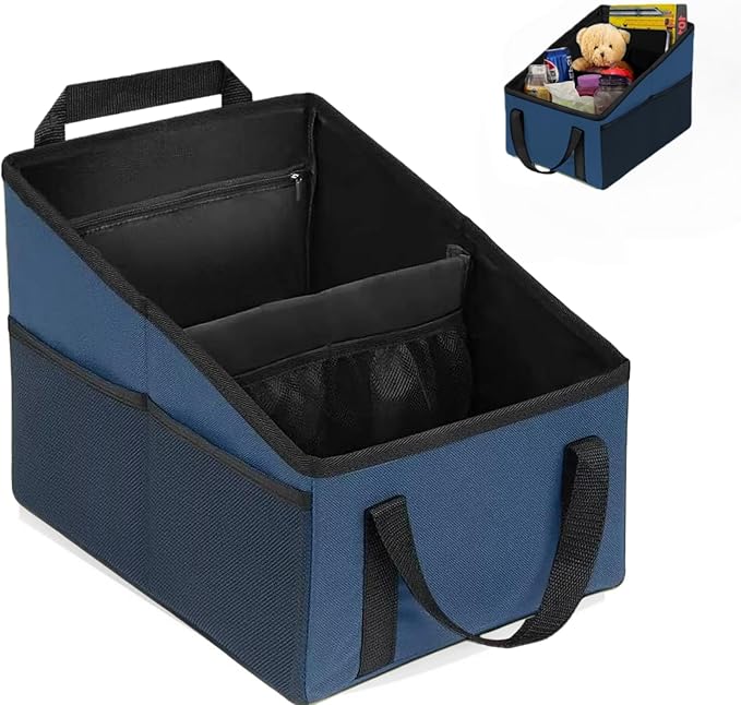 BLIRITEL Car Seat Organizer for Front & Back Seat, Passenger Seat Organizer, Small Car Seat Storage Caddy for kids & Adult with Divide, Handles and Multiple Mesh Pockets (Blue)