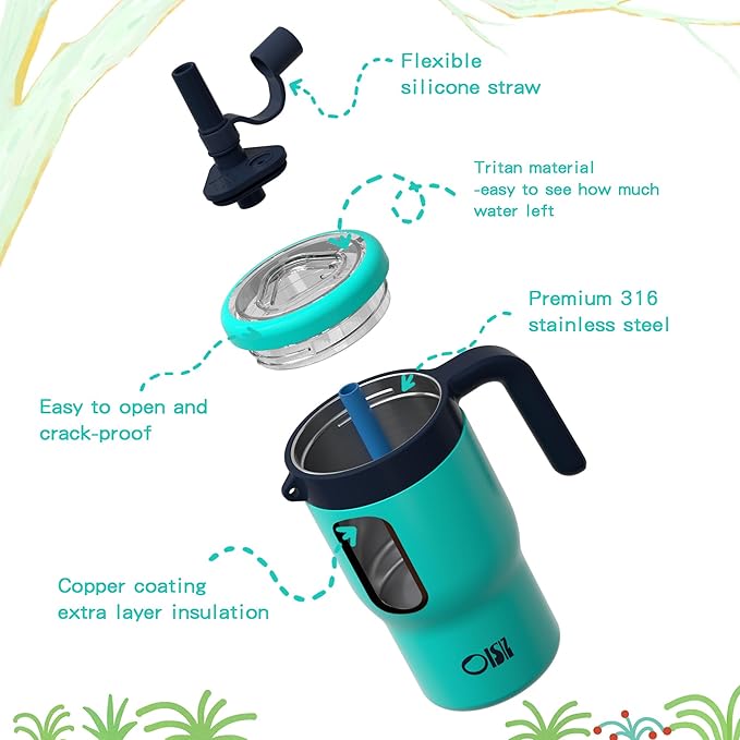 OISIZ 14oz Kids Tumbler with Straw Lid & Handle,Kids Cup with Animal Accessory for School,Kids Water Bottles with Dust-proof Cover,Leakproof Bottles,316 Stainless Steel,Keep Cold 24 Hours-dark green