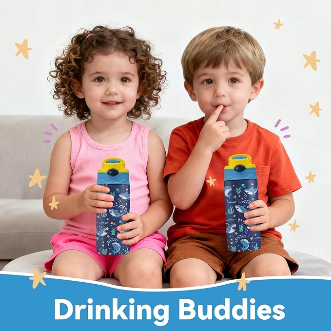 12oz Shark Water Bottle Kids - Baby Shark Water Bottle with Straw Lid & Handle, BPA-Free, Leak-Proof, Double-Wall Stainless Steel Insulated Kids Waters Bottles for School, Gift Cup for Sea Lover