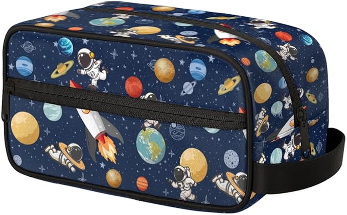 Kids Toiletry Bag for Boys Girls, Space Theme Travel Toiletry Bag Hanging Dopp Kit Cosmetic Bag Makeup Bag Shower Shaving Bag for Toiletries Accessories