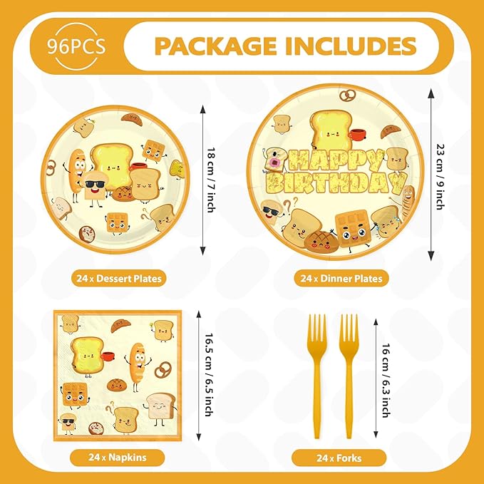 96Pcs Toast Bread Birthday Party Supplies Breakfast Bread Plates and Napkins Disposable Toast Food Theme Tableware Set for Kids Happy Birthday Party Decorations Serves 24