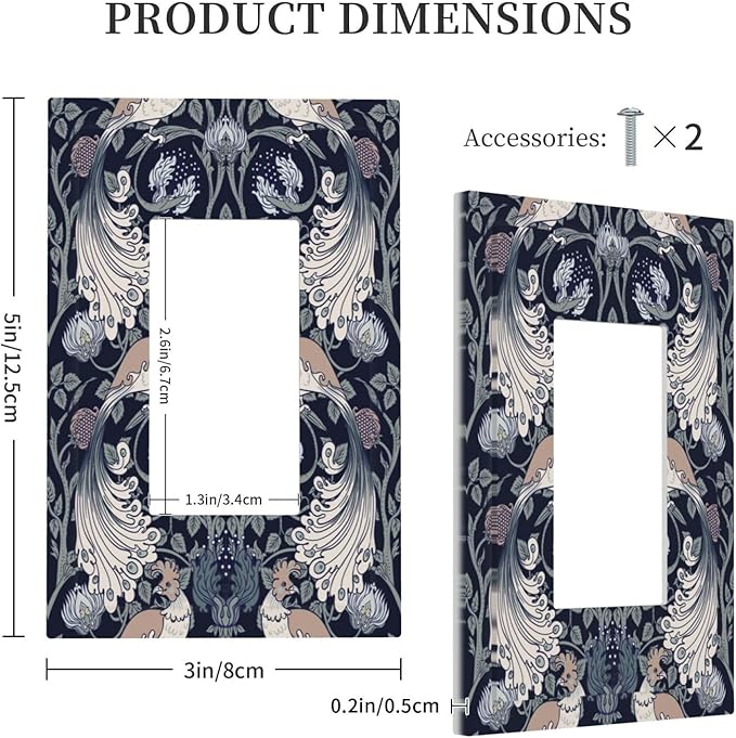 William Morris Vintage Floral Birds Peacocks 1 Gang Rocker Light Switch Covers Single Decora Outlet Wall Plate Decorative Switchplate Faceplate GFCI for Country Bathroom Bedroom Decor