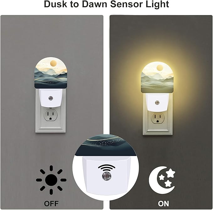 Golden Sun and Mountains Night Light for Kids,Watercolor Sunrise Sunset Mountain Plug in Night Light with Dusk to Dawn Sensor, 0.5w Energy Saving Nightlight for Hallway Stairway Kitchen Bedroom