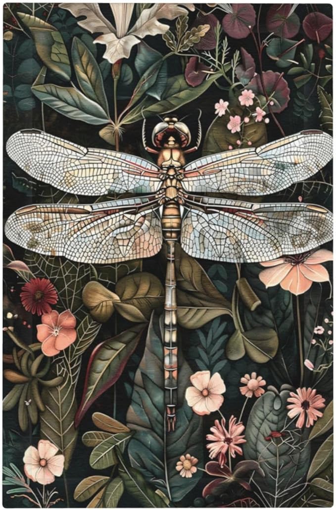 Vintage Dark Green Dragonfly Flowers Floral Botanical Light Switch Cover Plate 1 Gang No Device Blank Electrical Wall Plates Faceplate Decorative Switch Plate Covers for Farmhouse Home Decor