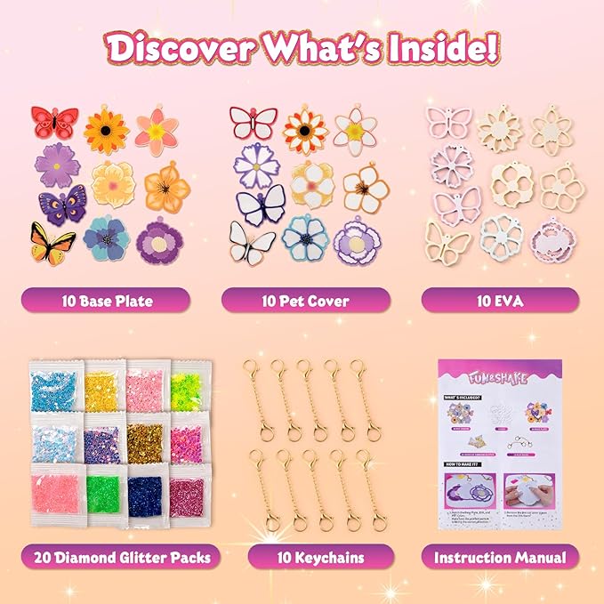Shake-its Glitter Craft Kits, DIY Art Kit for Kids - Fun Shake Art Supplies, Creative Arts and Crafts Activity Gifts for Girls & Boys Ages 4 5 6 7 8 9 (Flowers & Butterflies)