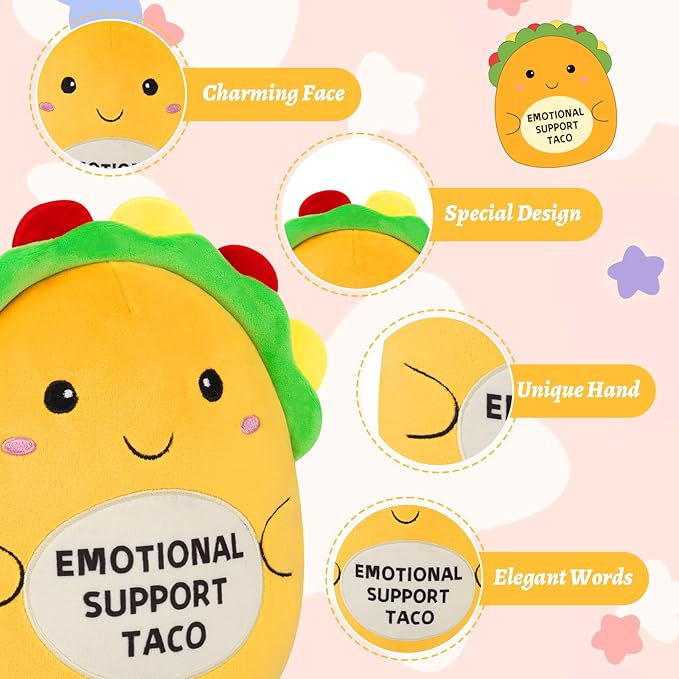 Taco Plush - Emotional Support Taco,Cute Emotional Support Plush Pillow Soft Yellow Stuffed Taco Toy Positive Gifts Encouragement Ornament for Kids Friends Family