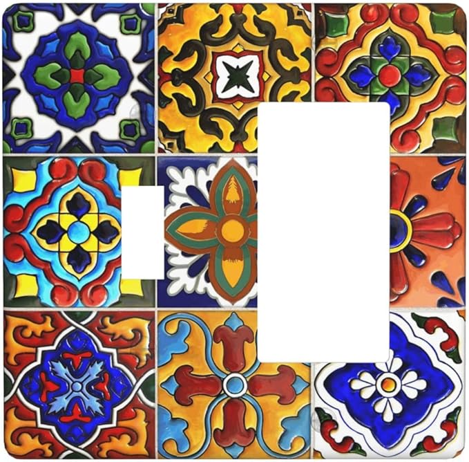 Vintage Colorful Boho Mexican Moroccan Tile Outlet Covers 1 Toggle 1 Rocker Combination Decorative Wall Plate Electrical Switch Plates Light Switch Cover Plate for Farmhouse Home Decor