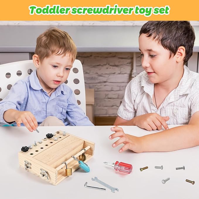Montessori Screwdriver Board Set, Montessori Toys for 3 4 5 with 3 Lock and Keys, Toddler Screwdriver Toy, Kids Tool Set, Preschool Learning Sensory Toy, Fine Motor Skills Toys