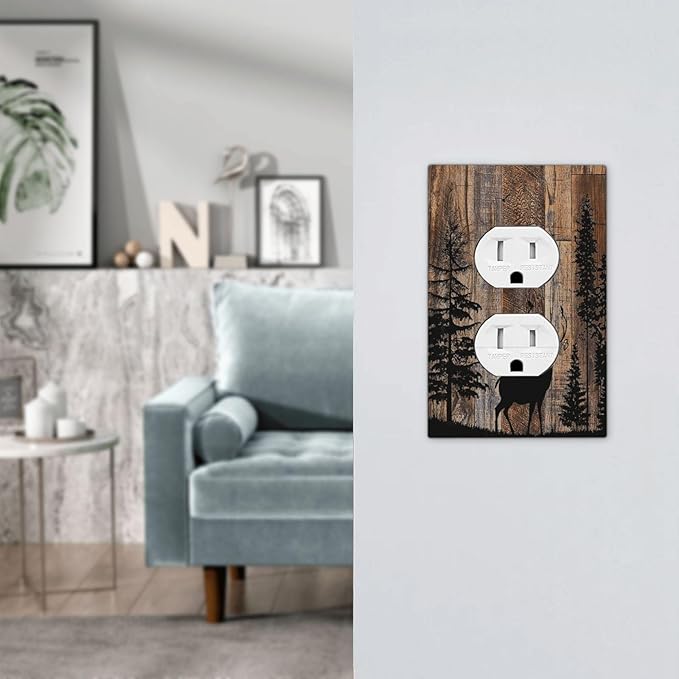 Outlet Covers Rustic Forest Antler Elk Deer Silhouettes Animals Wood Grain 1 Gang Duplex Light Switch Cover Electrical Receptacle Faceplate Wall Plate Decorative Switch Plates for Farmhouse