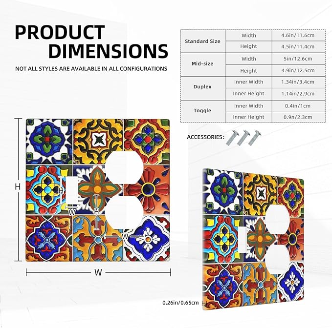 Vintage Colorful Boho Mexican Moroccan Tile Wallplates 1 Toggle 1 Duplex Switch Plate Electrical GFCI Faceplate Decorative Light Switch Covers for Farmhouse Home Decor