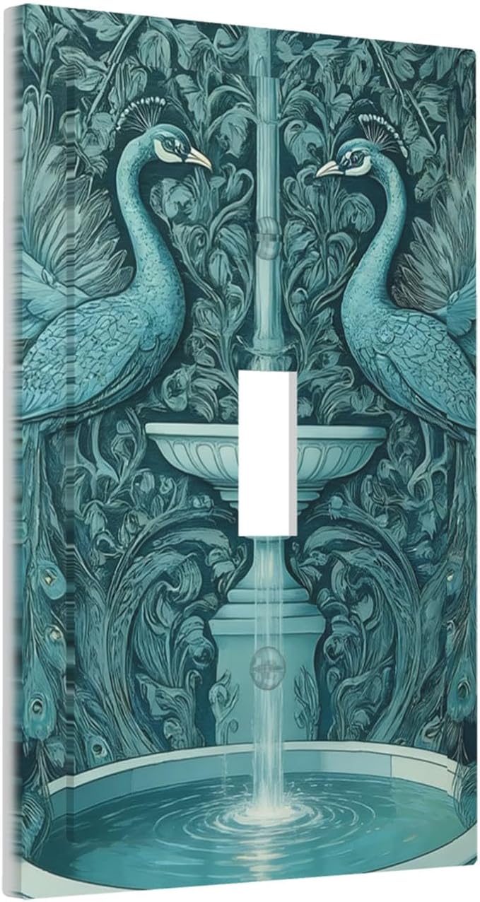 Art Nouveau Peacocks & Fountain Teal 1-Gang Toggle Light Switch Plate, Peacock Garden Decorative Wall Plate for Living Room Decor
