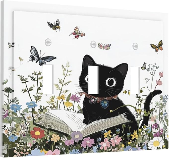Decorative Switch Plates Cute Cat Wildflowers Boho Flowers Floral 3 Gang Wall Plate Triple Toggle Light Switch Cover Faceplate Electrical Wall Panels For Nursery Kids Room Decor