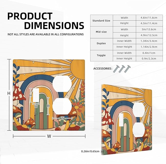 Wallplates Mushroom Hippie Sun Rainbow Vintage Floral Funky Boho 1 Toggle 1 Duplex Switch Plate Electrical GFCI Faceplate Decorative Light Switch Covers for Bedroom Kids room Decor