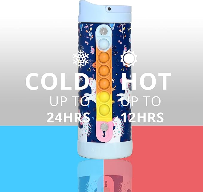 Elemental Iconic Kids Water Bottle for School - 100% Leak-Proof Insulated Water Bottles with Straw Lid & Pop-It Handle for Boys & Girls - Triple-Wall Insulated & BPA-Free, 14oz – Unicorn