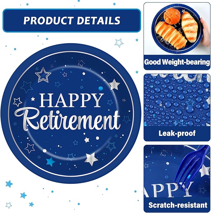 Qyeahkj 48Pcs Happy Retirement Paper Plates and Napkins Retirement Party Decoration Farewell Party Supplies Blue Silver Disposable Paper Dessert Tableware Set for Women Men Leaving Graduation Serve 25