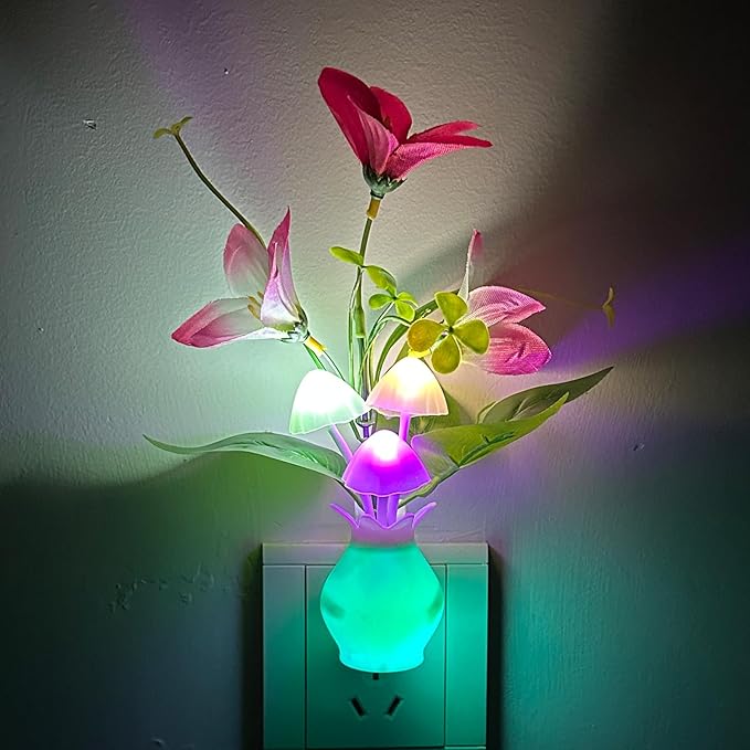 Plug-in Night Light with Auto Light Sensor, RGB LED Mushroom Night Light Wall Based Flower Lamp 1W Energy Efficient Nursery Nightlight for Kids Room, Bedroom, Nursery, Lounge, Hallway and Stairs