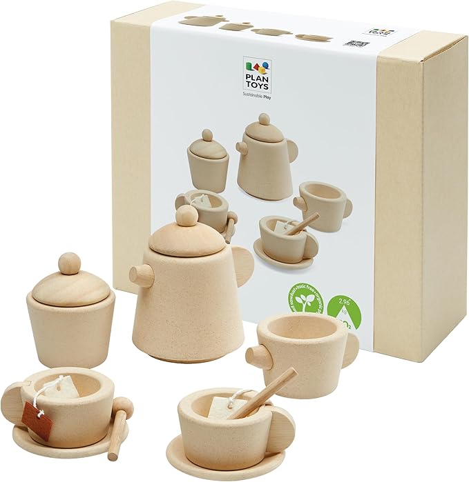 PlanToys® Wooden Tea Set for Montessori Inspired Pretend Play | Social Interaction, Language and Imaginative Role Play | Eco Friendly Wooden Tea Party Set for Creative Learning