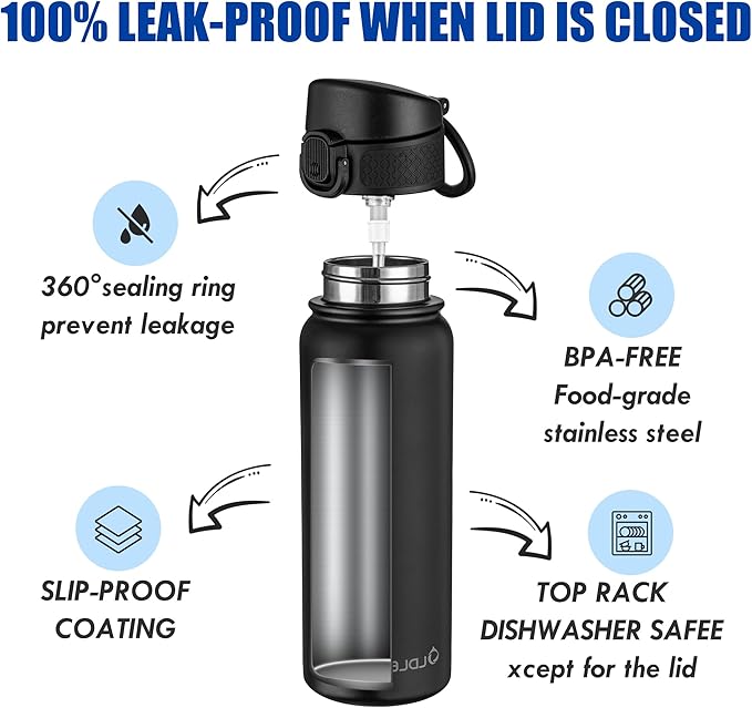 OLDLEY 20 Oz Insulated Stainless Steel Water Bottle For Kids, With Straws Leak-proof, Kids Water Bottles For School Boys Girls, Black