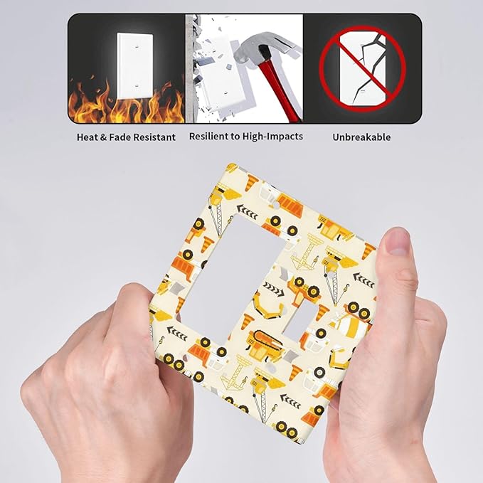 Decorative Outlet Covers Construction Vehicle Yellow Trucks Diggers 2 Gang Light Switch Cover Plate Single Toggle 1 Rocker Wall Plates for Electrical Switch Plate Covers for Home Decor