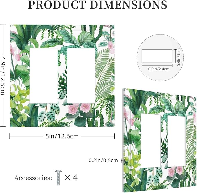 Tropical Palm Leaves Green Jungle Botanical Floral Flowers Decorative Outlet Covers 2 Gang Double GFCI Rocker Electrical Wall Panels Light Switch Cover Plate for Bedroom Living Room Decor