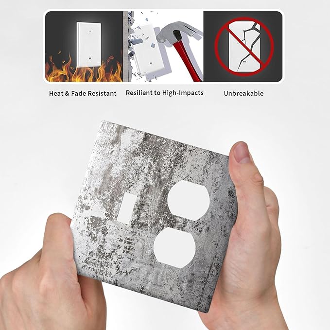 Light Switch Cover Plate Gray White Speckled Weathered Concrete Wall 2 Gang Outlet Covers 1 Toggle 1 Duplex Socket Cover Wallplates Electrical Switch Plate Covers for Bedroom Home Decor