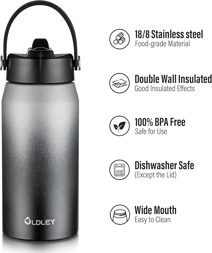 Oldley 18oz Insulated Water Bottle with Straw, Stainless Steel Water Bottle for Sports, Travel, School, BPA-Free Sports Bottles for Adult Kids, Leak-Proof, Gray-Black