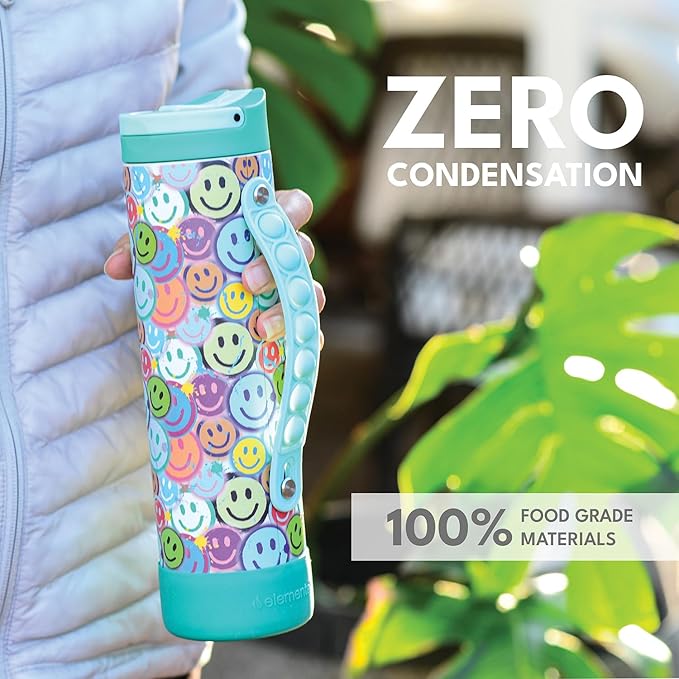 Elemental Iconic Kids Water Bottle for School - 100% Leak-Proof Insulated Water Bottles with Straw Lid & Pop-It Handle for Boys & Girls - Triple-Wall Insulated & BPA-Free, 20oz – Graffiti Smile