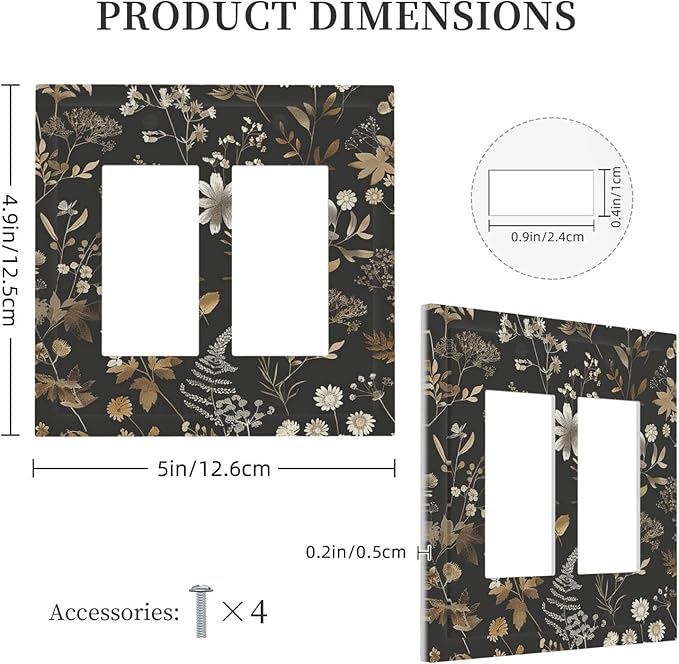 Decorative Outlet Covers Black Gold Floral Dark Leaves Vintage Flowers 2 Gang Double GFCI Rocker Electrical Wall Panels Light Switch Cover Plate for Bed Room Home Decor